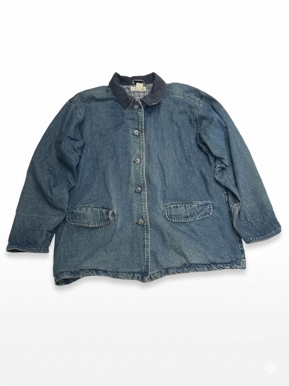 Vintage Cherokee Plaid Lined Denim Chore Jacket Coat Blue - Size XL